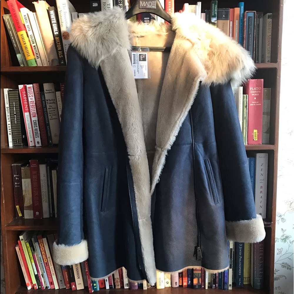 NWT Saks Fifth Ave. Gian Mori Shearling Coat in Deep Dusty Blue - size 40/S